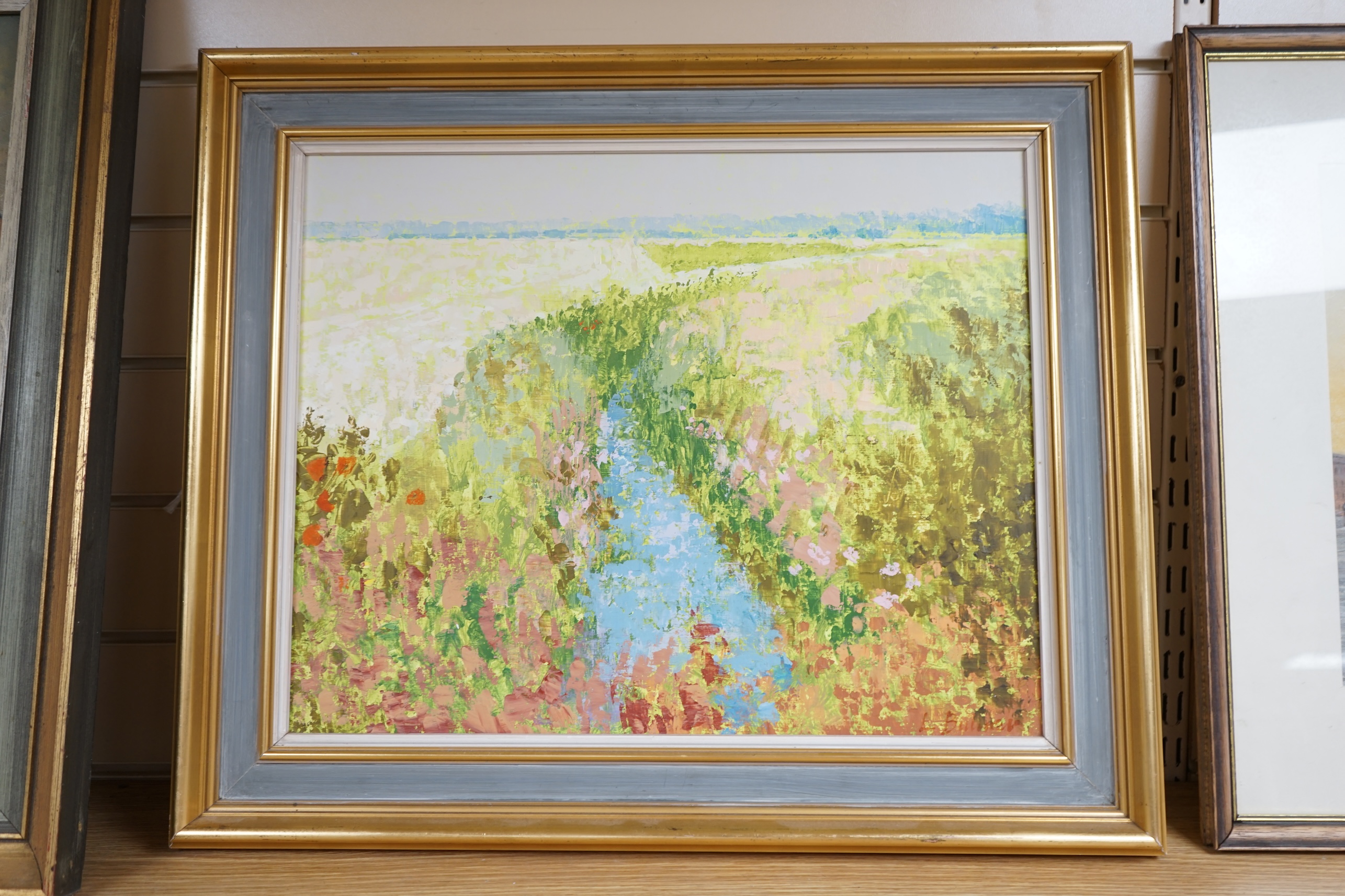 Lionel Bulmer (English, 1919-1991), oil on board, 'Water Meadows, Southwold', signed, with Jonleigh Gallery label verso, 39 x 49cm. Condition - good